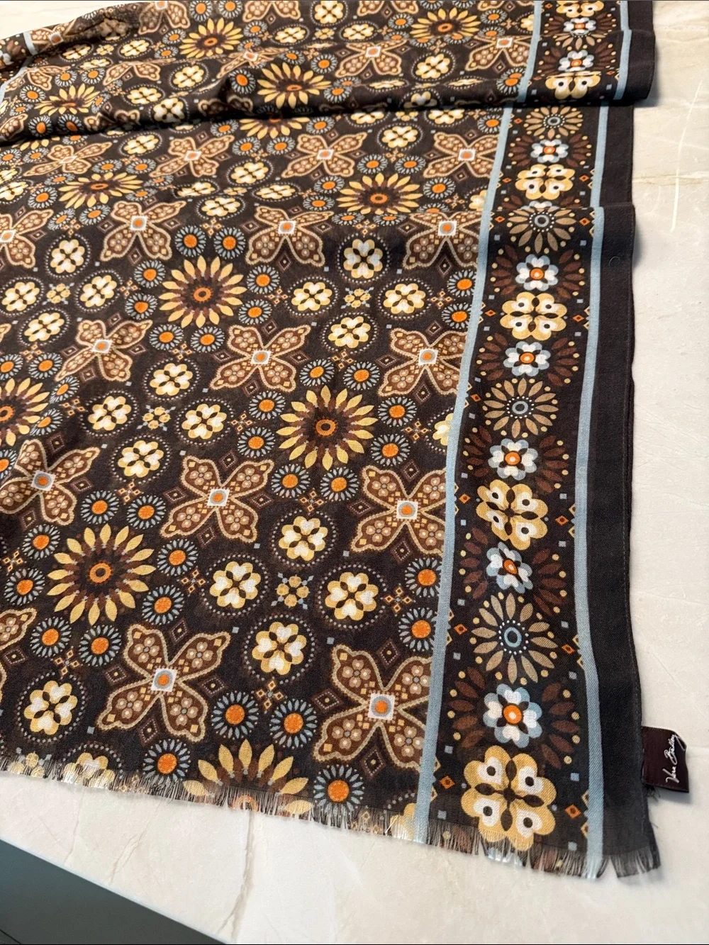 Vera Bradley Brown Floral Medallion scarf , wrap with Orange & Cream Accents